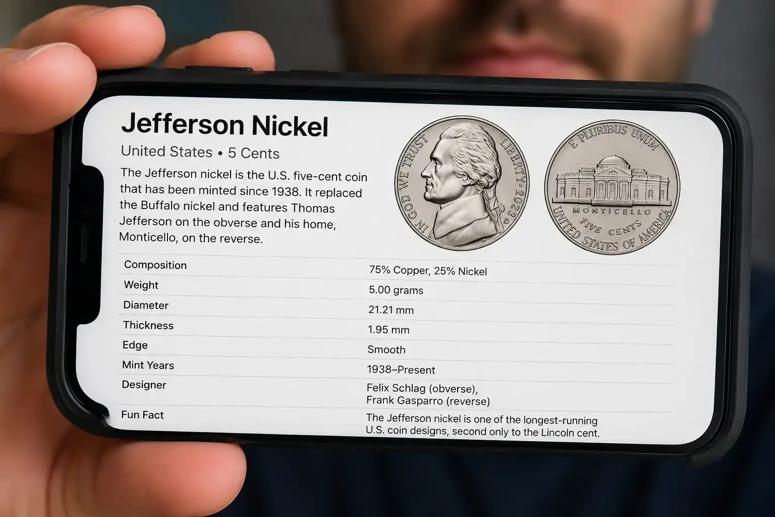 Jefferson nickel coin info in the phone