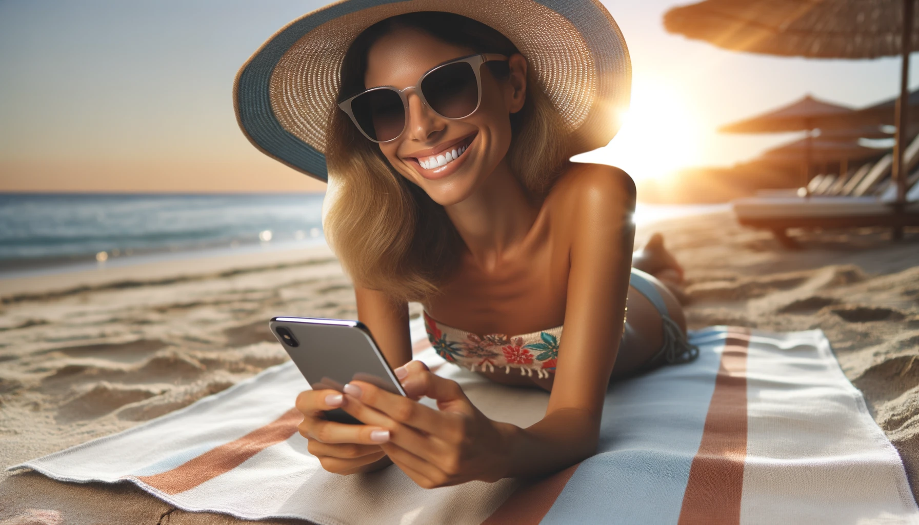 a woman in sunglasses and hat using her phone near a sea.