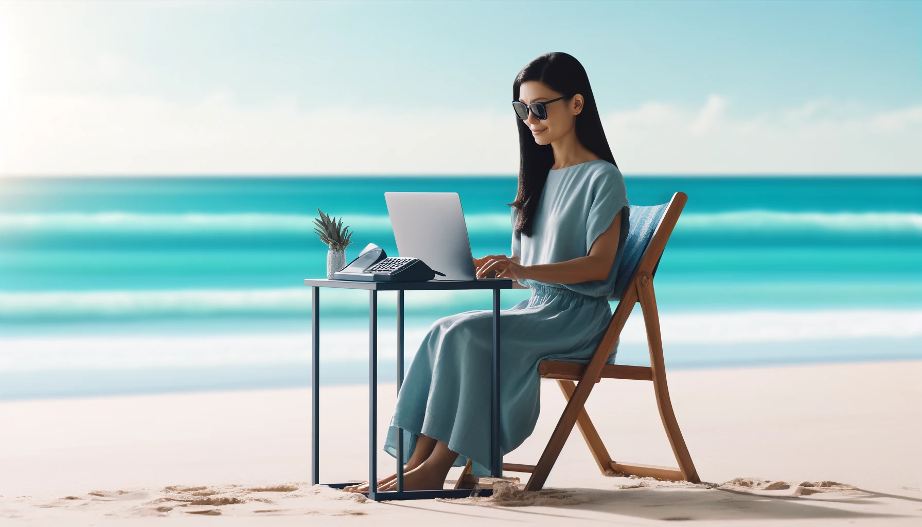 a female digital nomad working remotely on a laptop from a beach. The woman is Asian, with long black hair, wearing sunglasses and a light blue summer dress. 