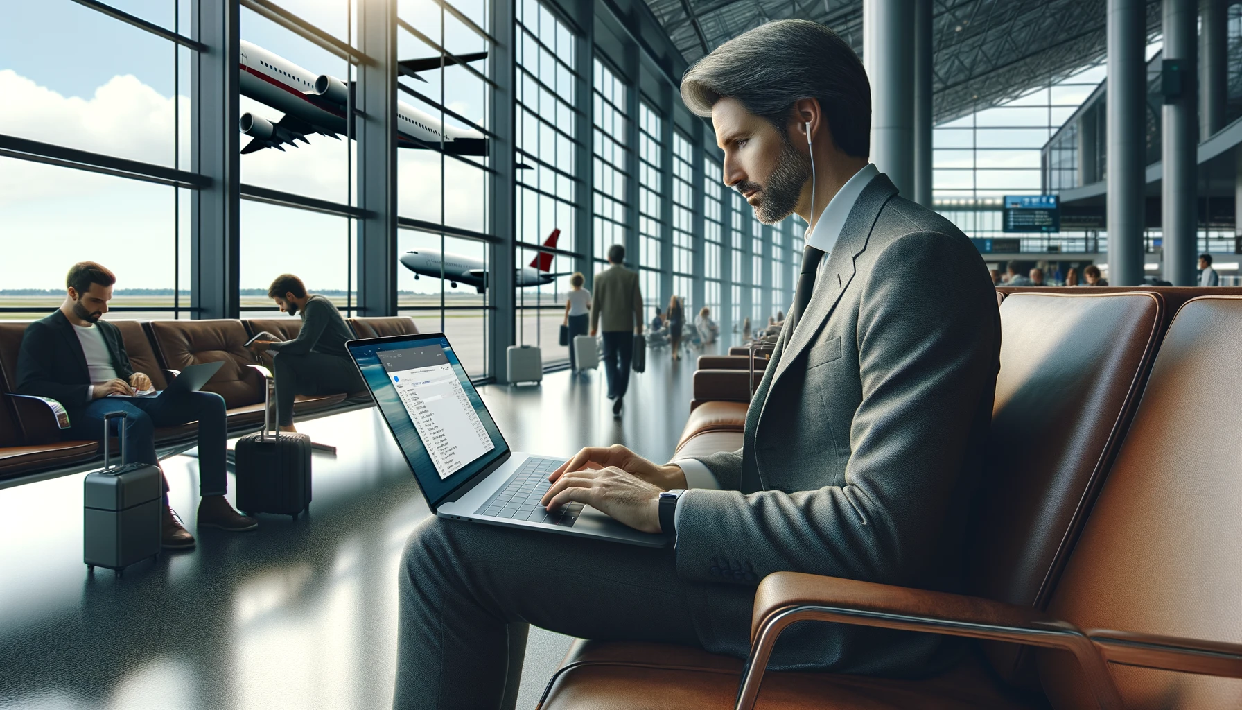 a middle-aged Caucasian male, dressed in business casual, focused on his laptop with a visible VPN interface on the screen.