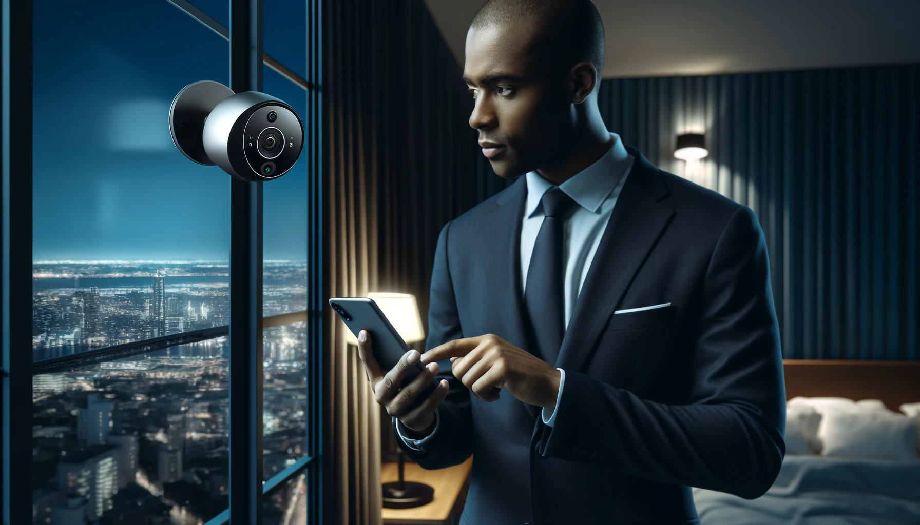 a businessman checking his smart home security camera on a smartphone in a hotel room. The businessman is an African-American man in his 40s, wearing a suit and looking intently at his phone. 