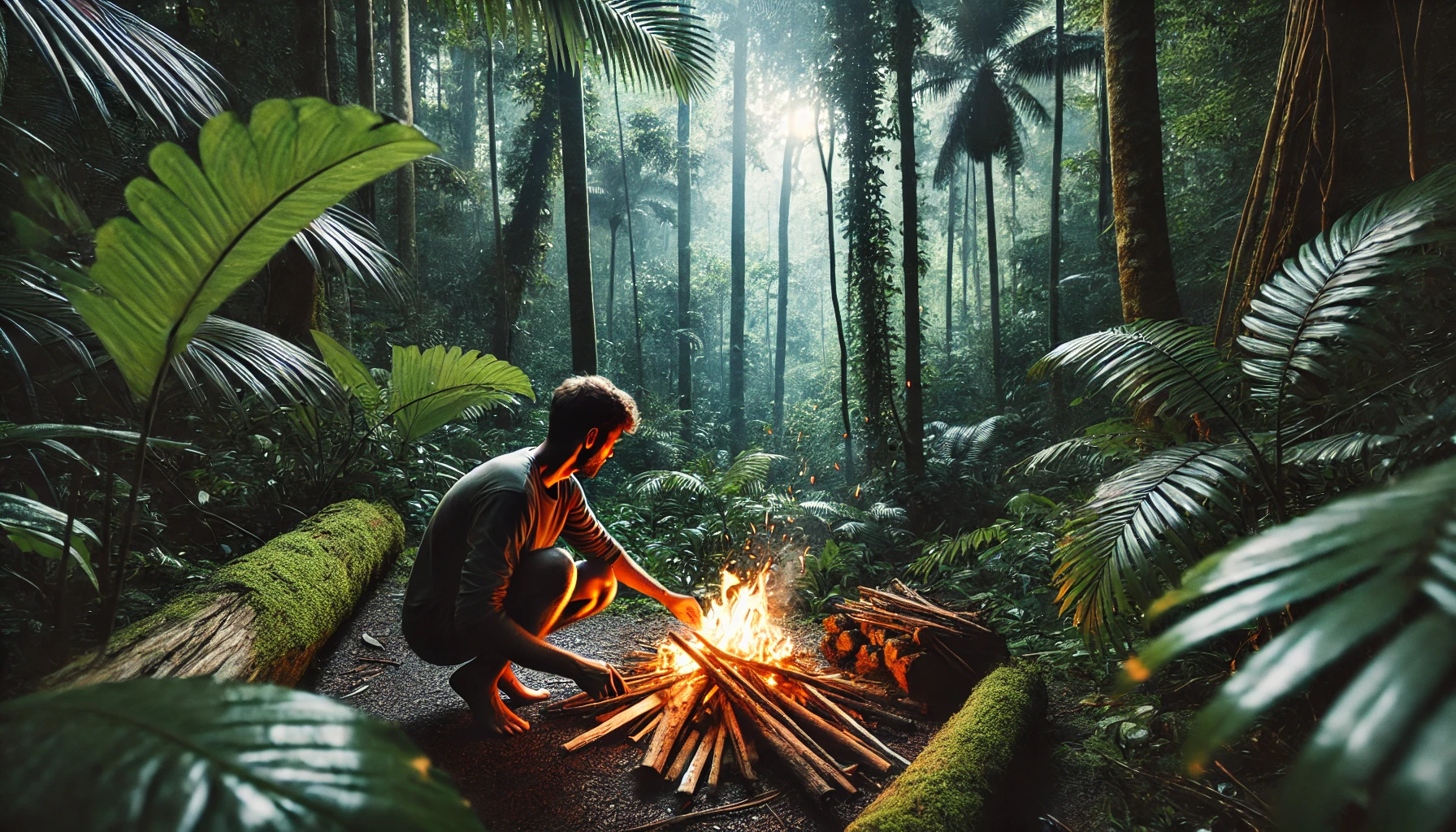  A man in a dense tropical jungle, surrounded by lush green vegetation and tall trees, making a bonfire. He is crouching down and arranging wood and kindling, with small flames starting to rise. 