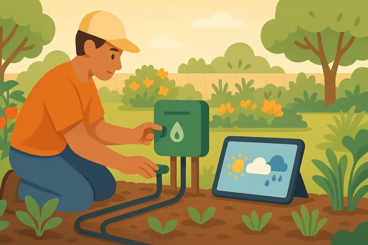 A gardener sets an automatic pruning system via digital tools.