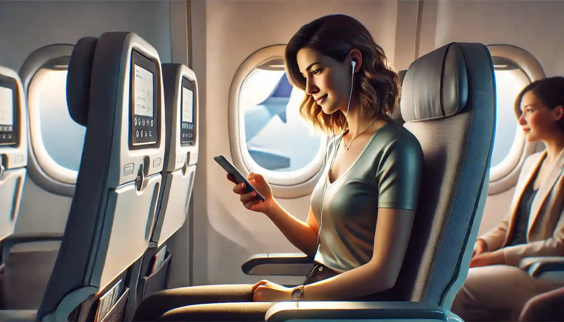 a woman in her 30s using her phone on an airplane. She is seated in an economy class window seat, looking at her smartphone with a focused expression.