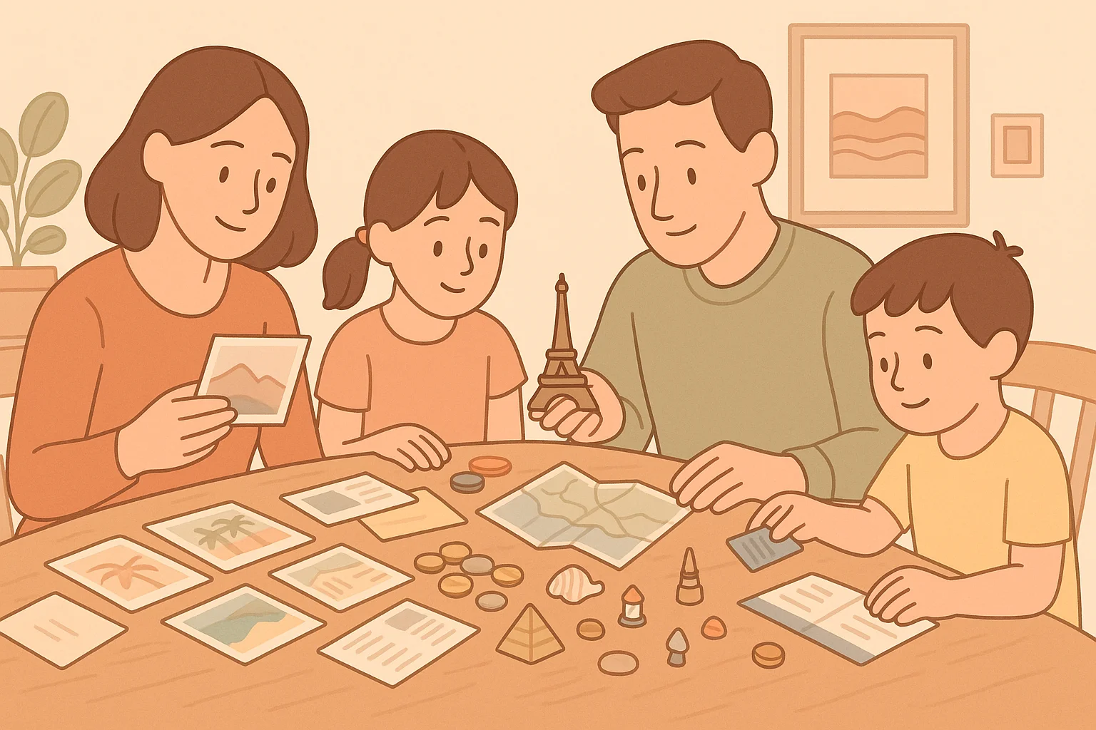 A family studies coin albums from trips together.