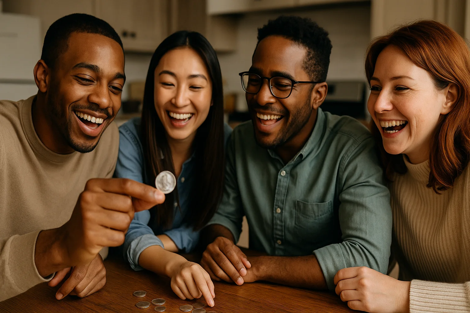 A group of friends laugh around a kitchen table as one of them proudly shows a quarter he just found.
