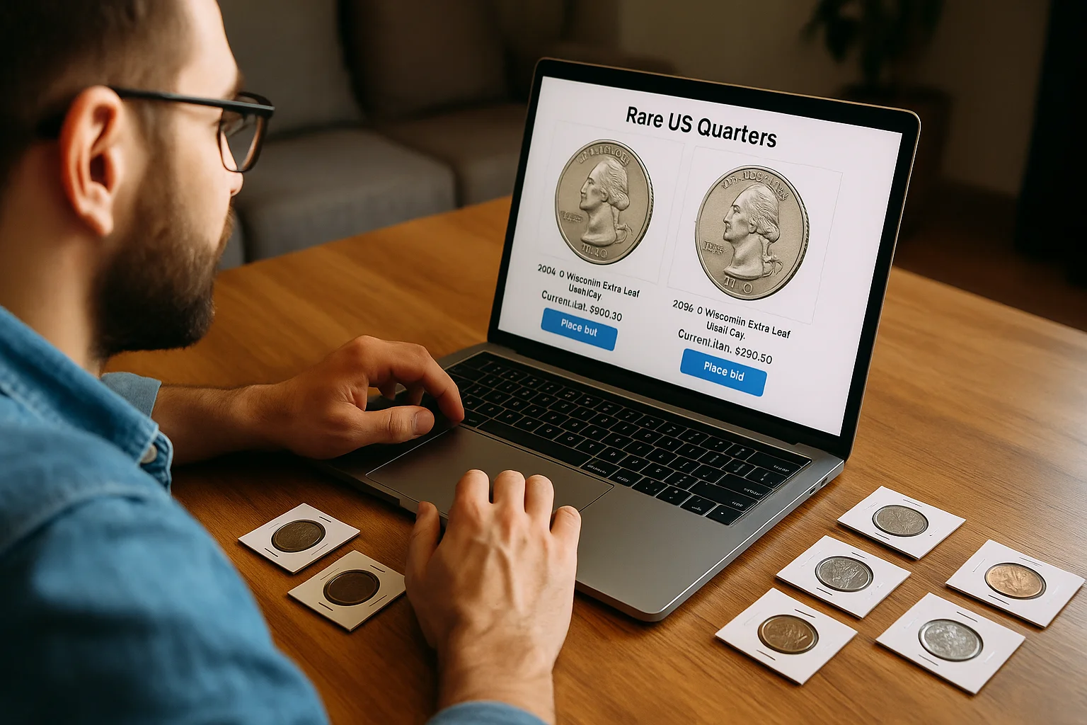 A collector uses his laptop to browse an online auction featuring rare quarters, with coin holders spread out on the table.